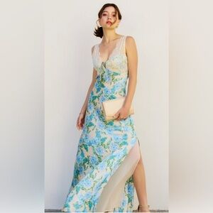 New with tags GORGEOUS Lace Maxi Dress with Blue and Green Floral Design
